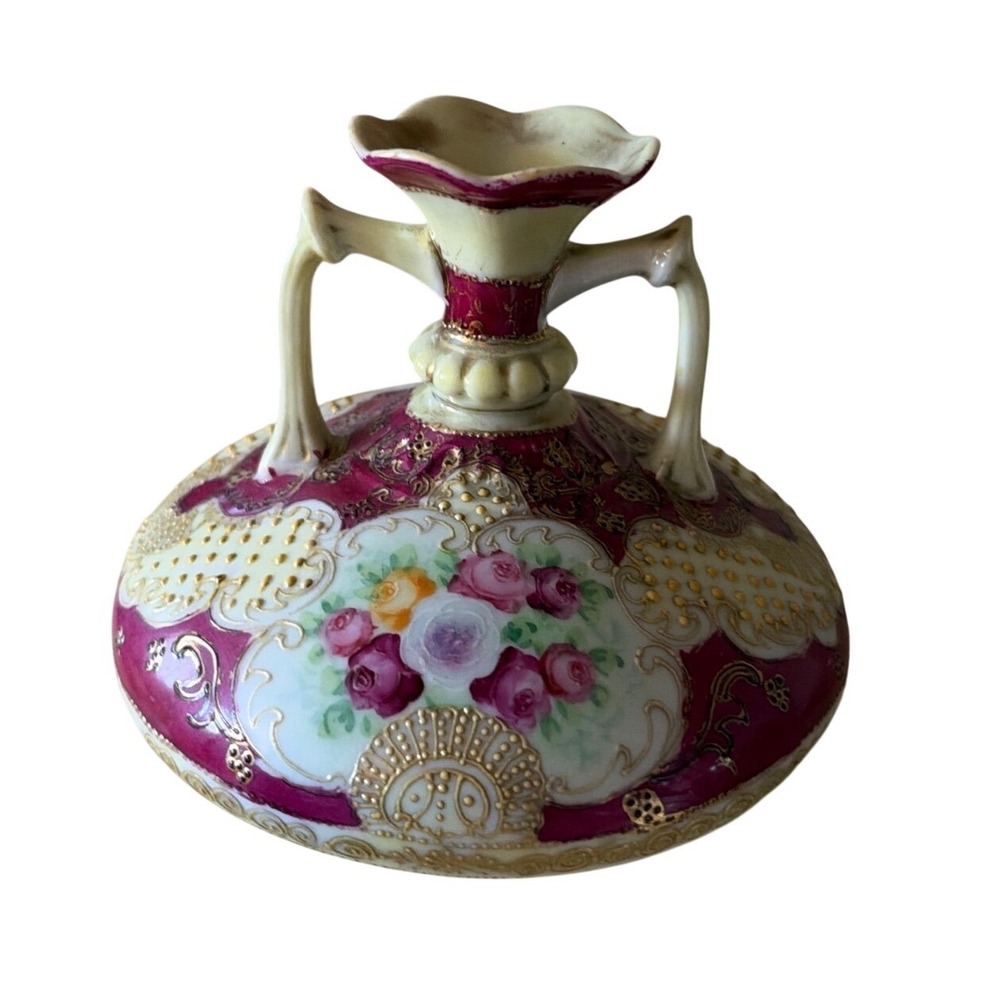 Vintage Hand Painted Nippon Style Floral Moriage Porcelain Double Handle Vase